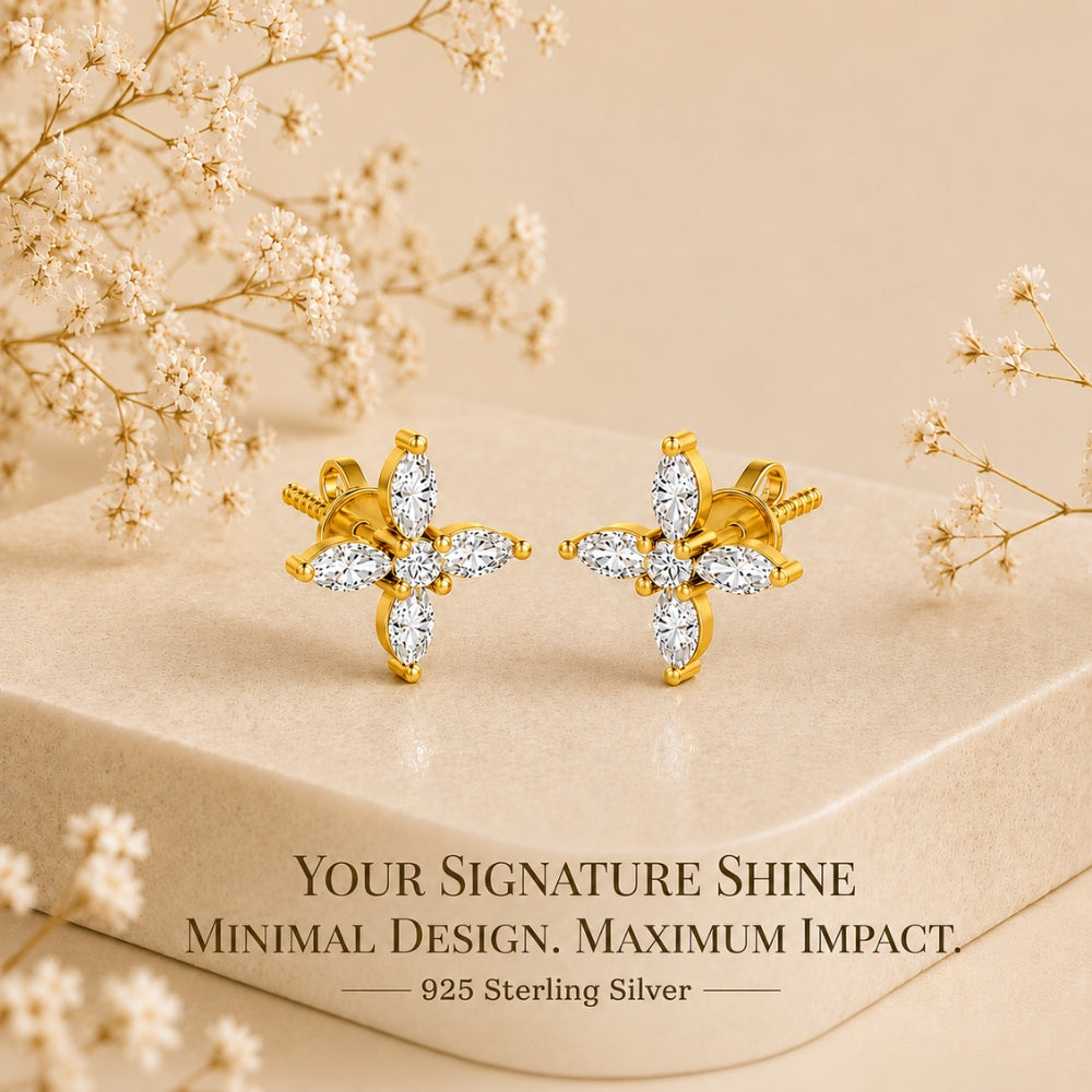 Marquise Four Petal Blossom Gold Plated 925 sterling silver Stud
