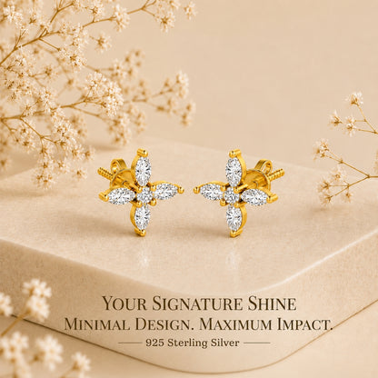 Marquise Four Petal Blossom Gold Plated 925 sterling silver Stud