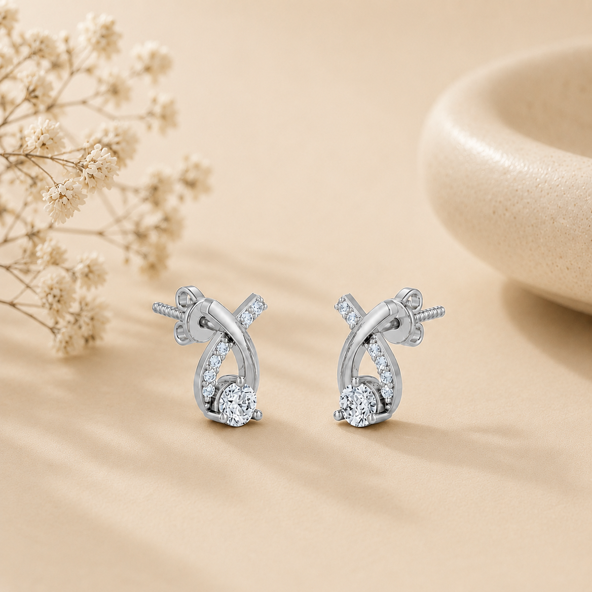 Twisted Ribbon Solitaire Rhodium Plated 925 sterling silver Stud