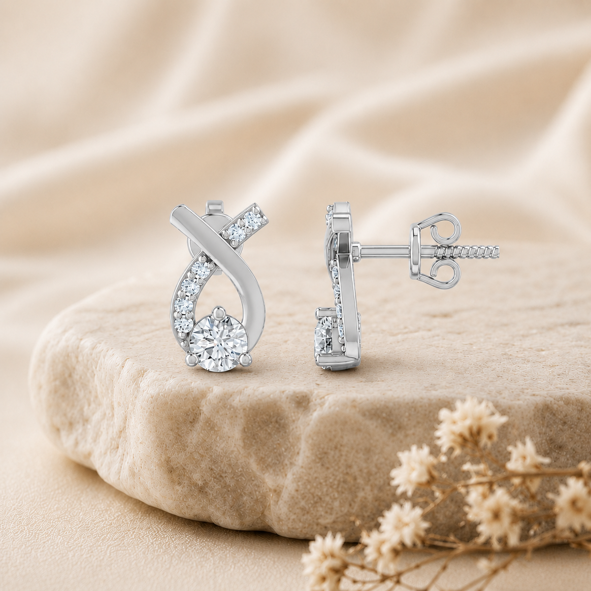 Twisted Ribbon Solitaire Rhodium Plated 925 sterling silver Stud