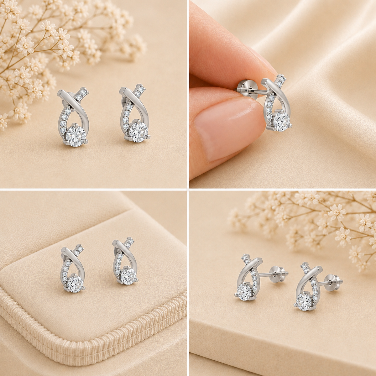 Twisted Ribbon Solitaire Rhodium Plated 925 sterling silver Stud