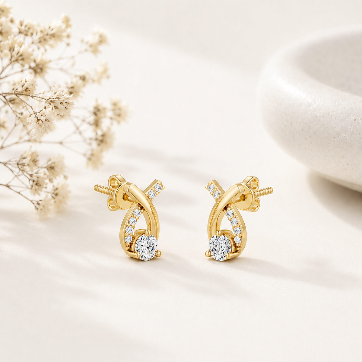Twisted Ribbon Solitaire Gold Plated 925 sterling silver Stud