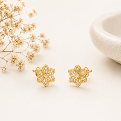 Six Petal Diamond Floral Gold Plated 925 Sterling Silver Stud