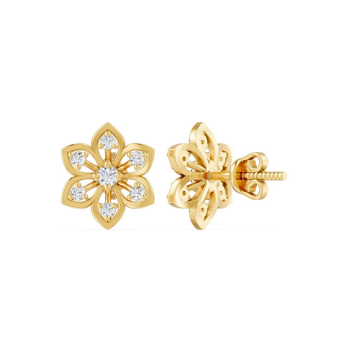 Six Petal Diamond Floral Gold Plated 925 Sterling Silver Stud