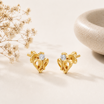 Double Loop Heart Solitaire Gold Plated 925 Sterling Silver Stud