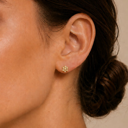 Six Petal Diamond Floral Gold Plated 925 Sterling Silver Stud