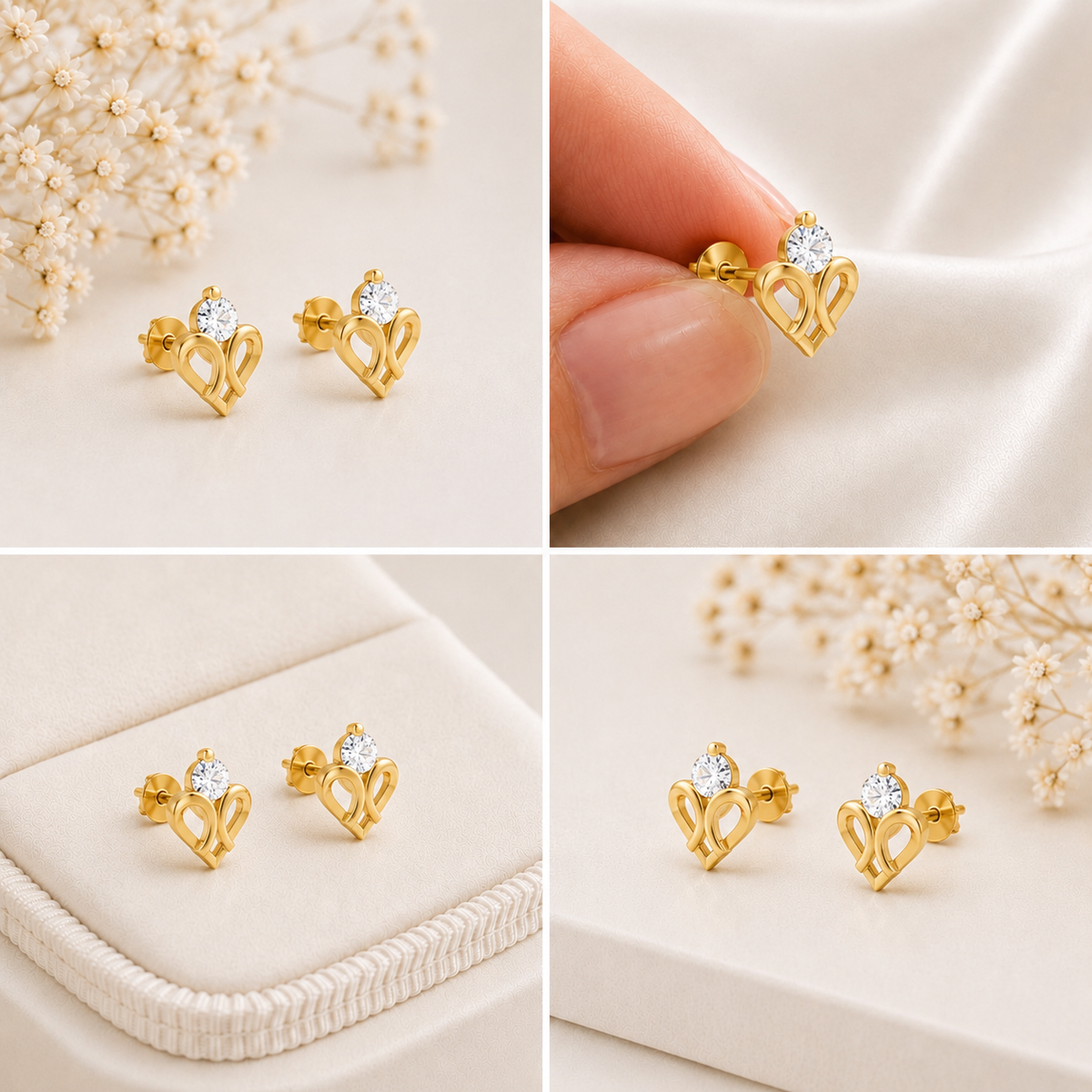 Double Loop Heart Solitaire Gold Plated 925 Sterling Silver Stud