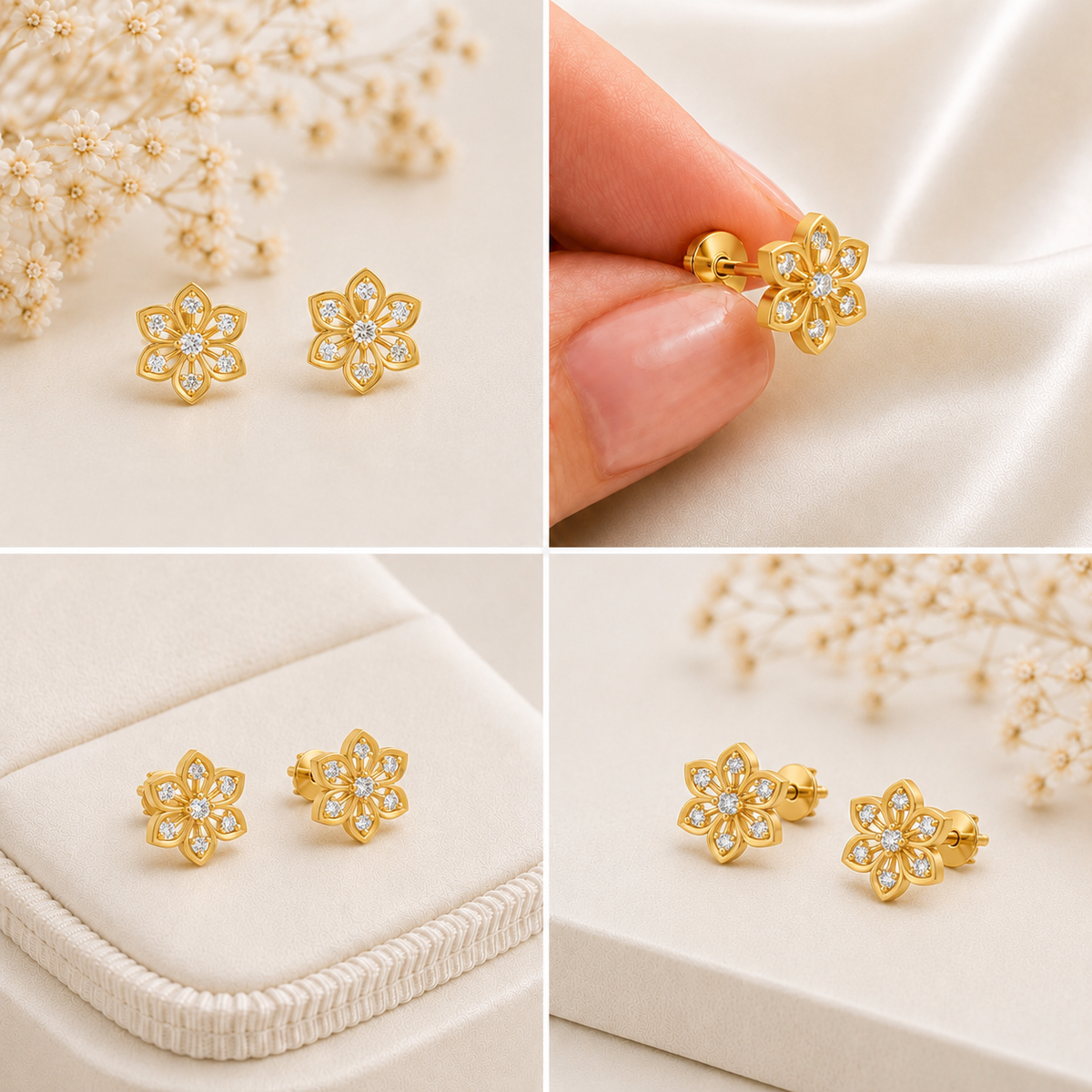 Six Petal Diamond Floral Gold Plated 925 Sterling Silver Stud