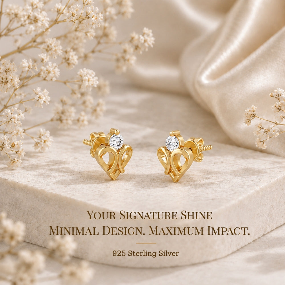 Double Loop Heart Solitaire Gold Plated 925 Sterling Silver Stud