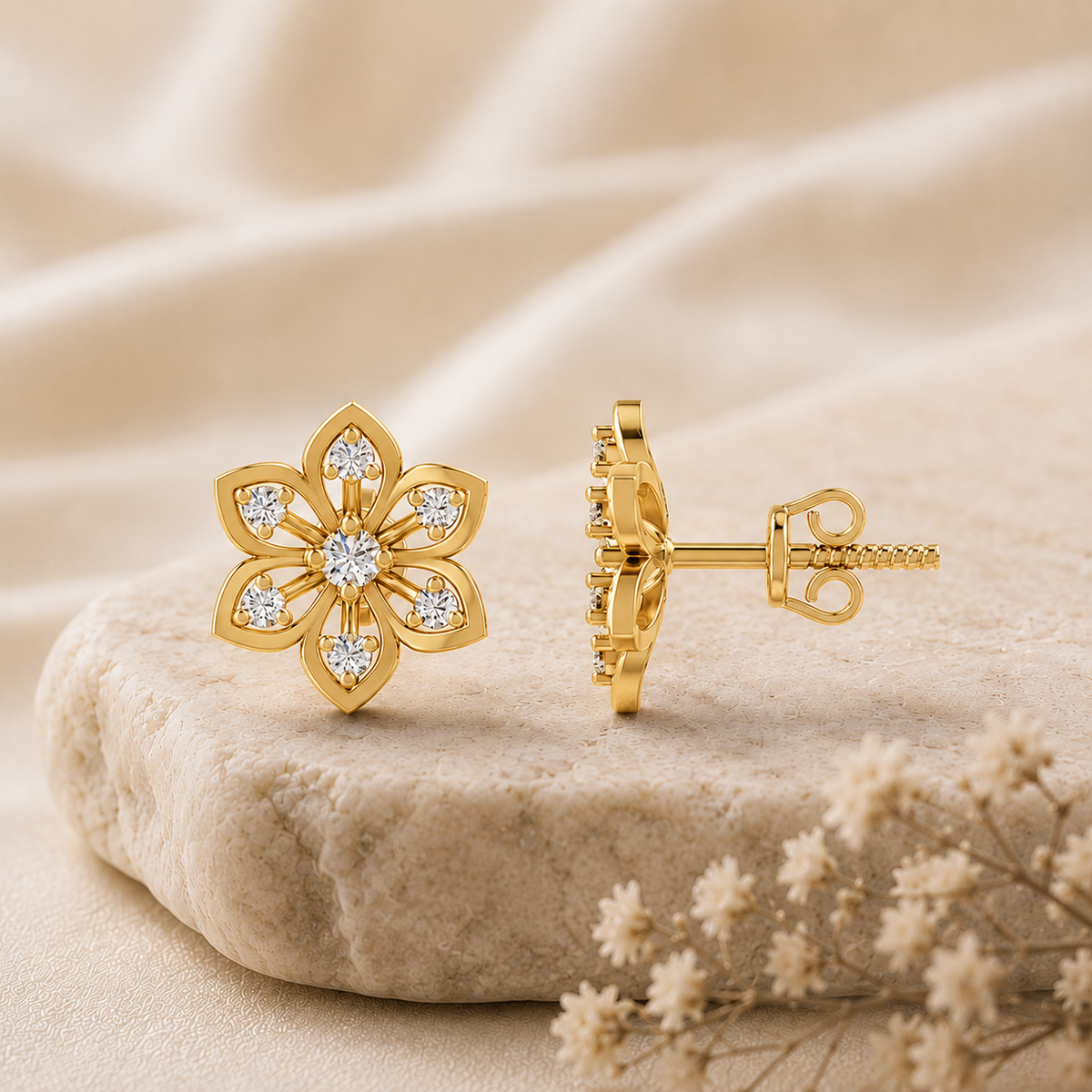 Six Petal Diamond Floral Gold Plated 925 Sterling Silver Stud