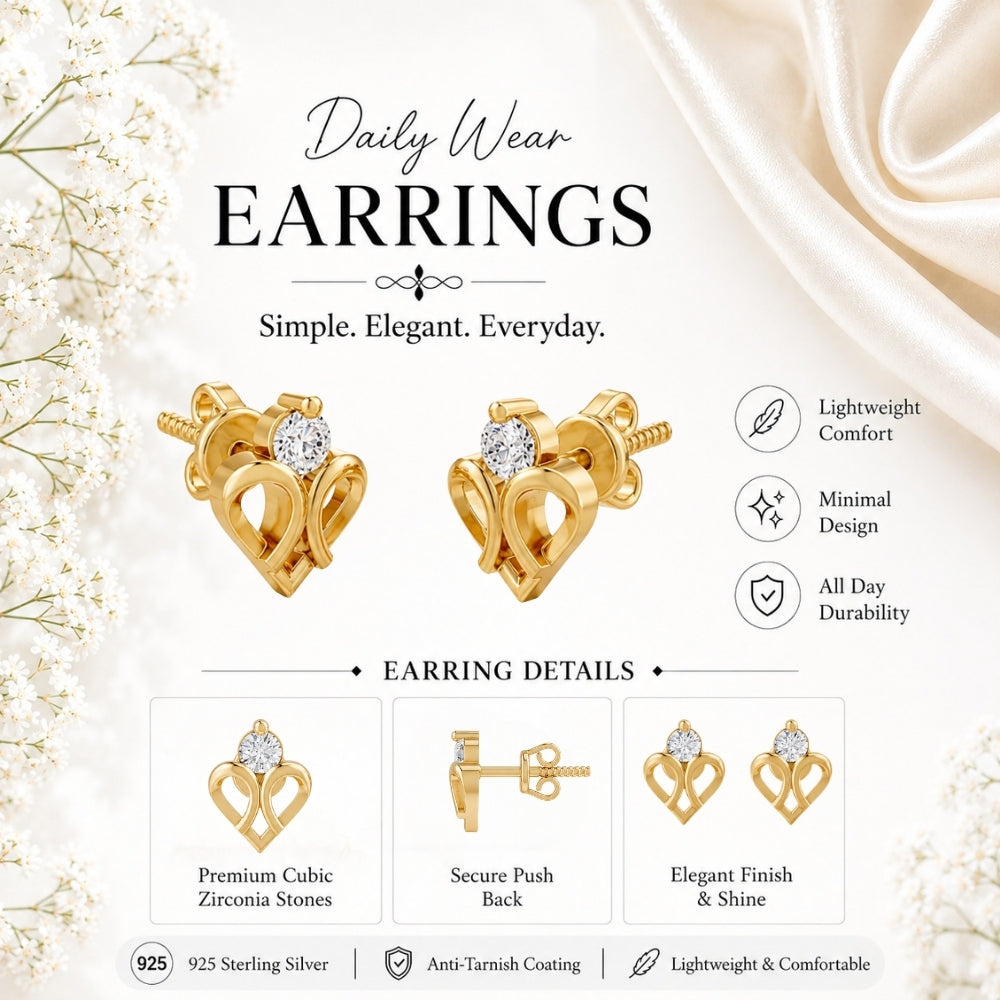 Double Loop Heart Solitaire Gold Plated 925 Sterling Silver Stud