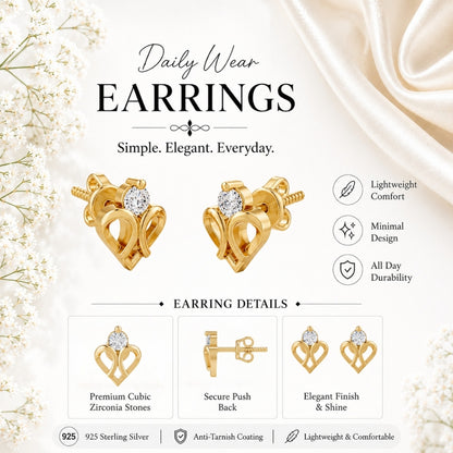 Double Loop Heart Solitaire Gold Plated 925 Sterling Silver Stud