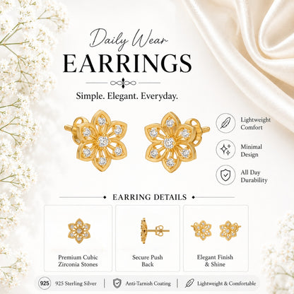 Six Petal Diamond Floral Gold Plated 925 Sterling Silver Stud