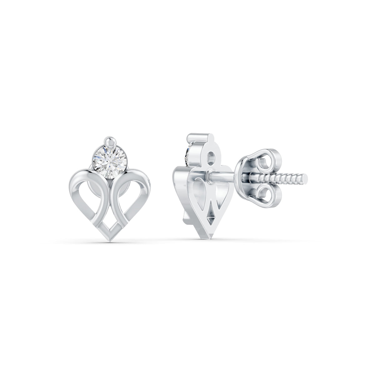 Double Loop Heart Solitaire Rhodium Plated 925 Sterling Silver Stud