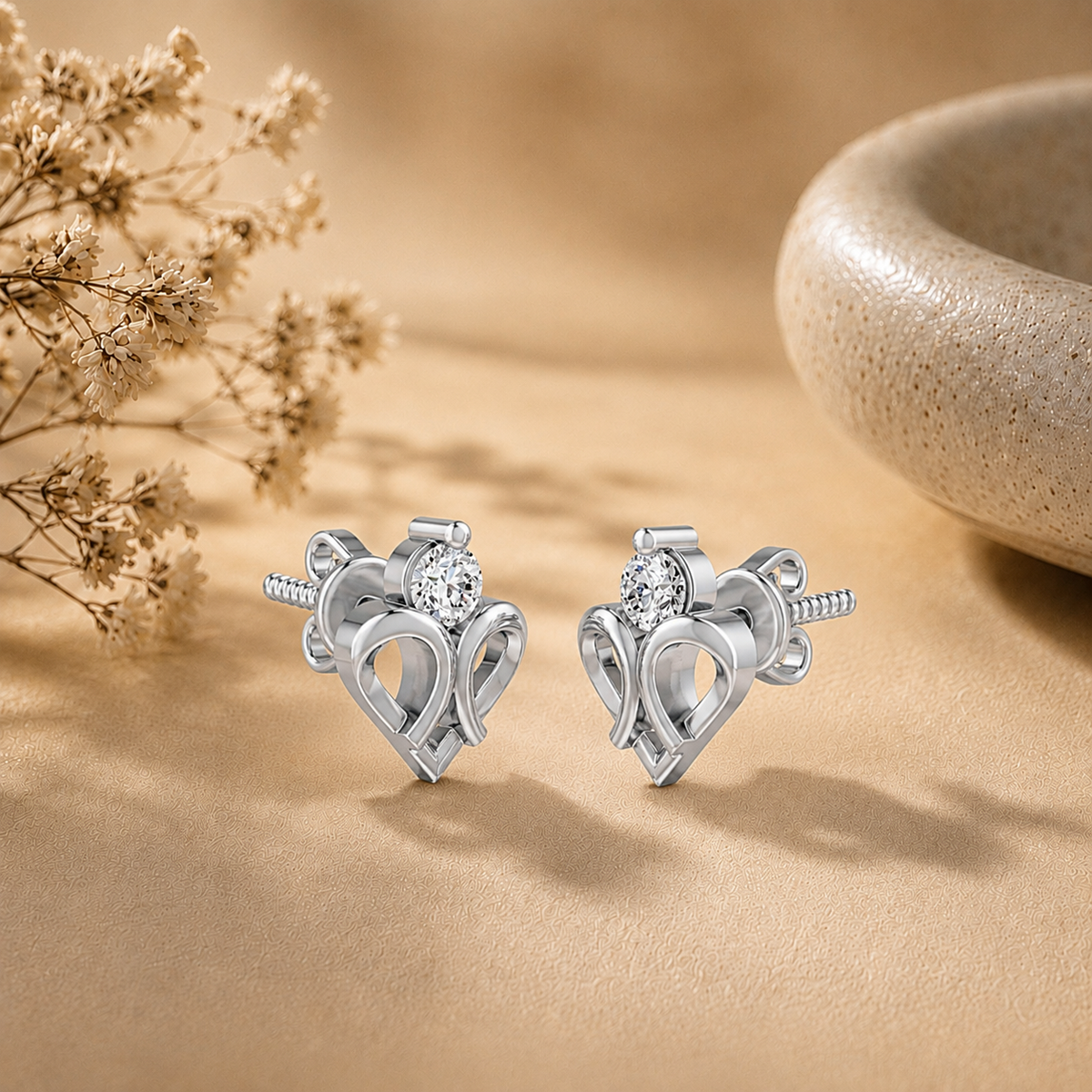 Double Loop Heart Solitaire Rhodium Plated 925 Sterling Silver Stud