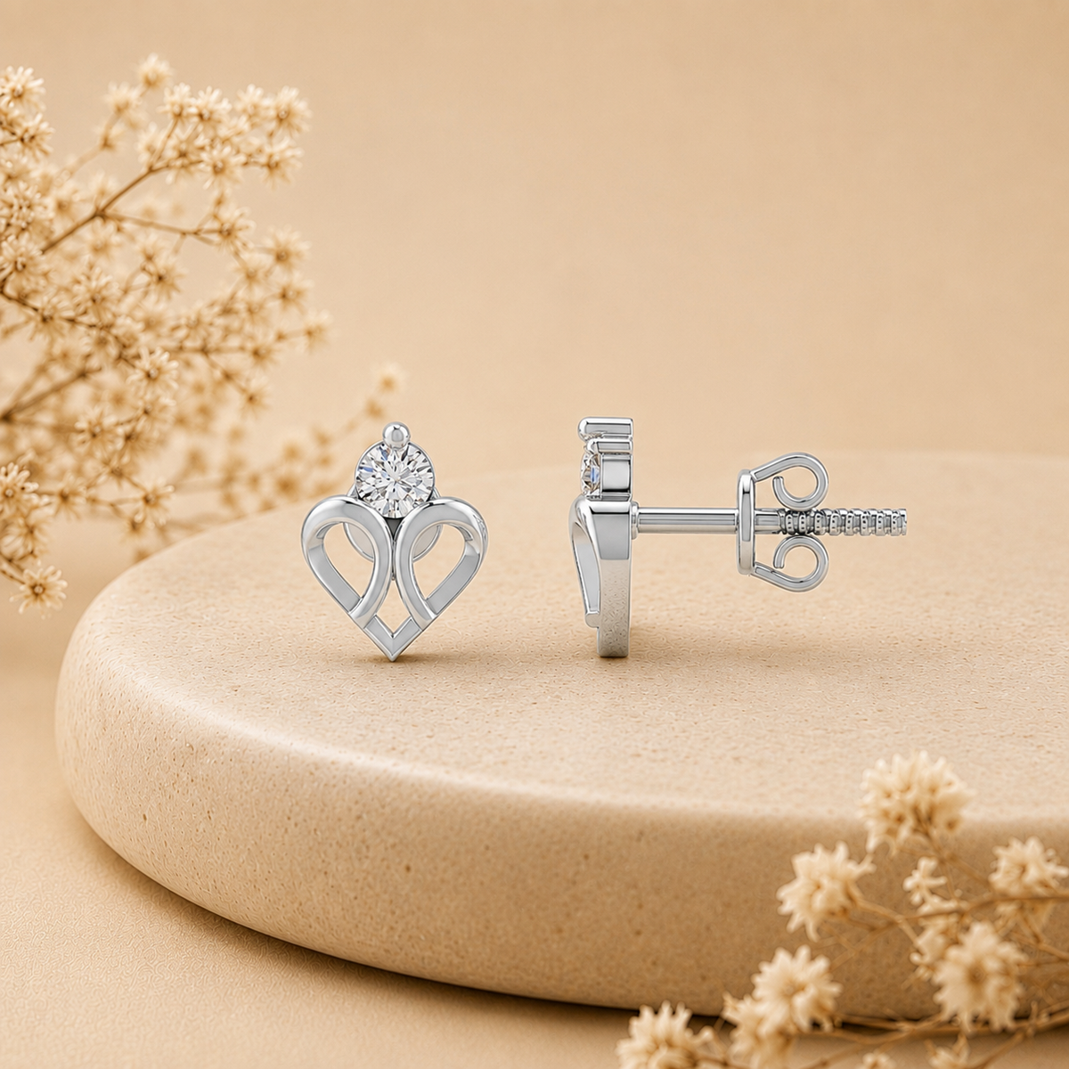 Double Loop Heart Solitaire Rhodium Plated 925 Sterling Silver Stud