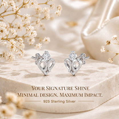 Double Loop Heart Solitaire Rhodium Plated 925 Sterling Silver Stud