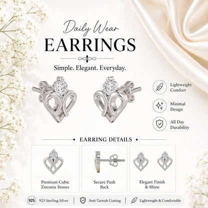 Double Loop Heart Solitaire Rhodium Plated 925 Sterling Silver Stud
