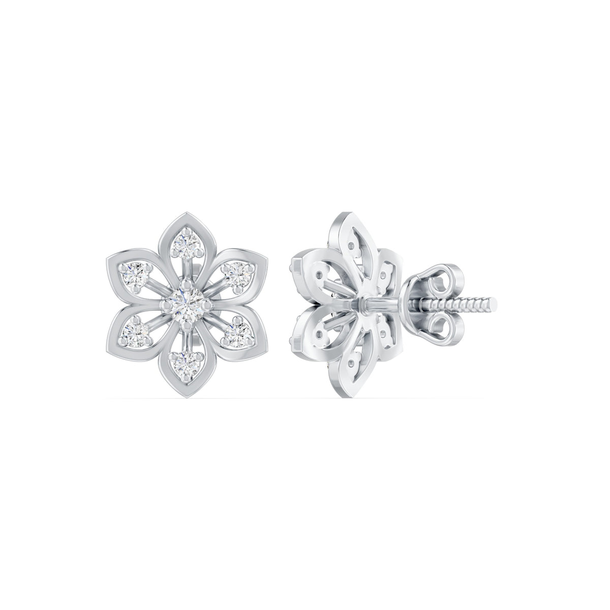 Six Petal Diamond Floral Rhodium Plated 925 Sterling Silver Stud