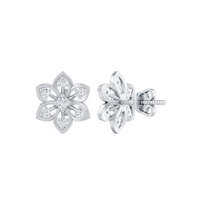 Six Petal Diamond Floral Rhodium Plated 925 Sterling Silver Stud