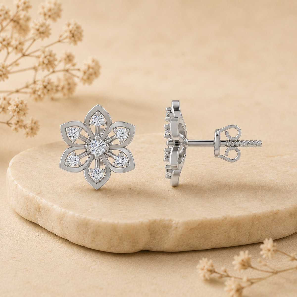 Six Petal Diamond Floral Rhodium Plated 925 Sterling Silver Stud