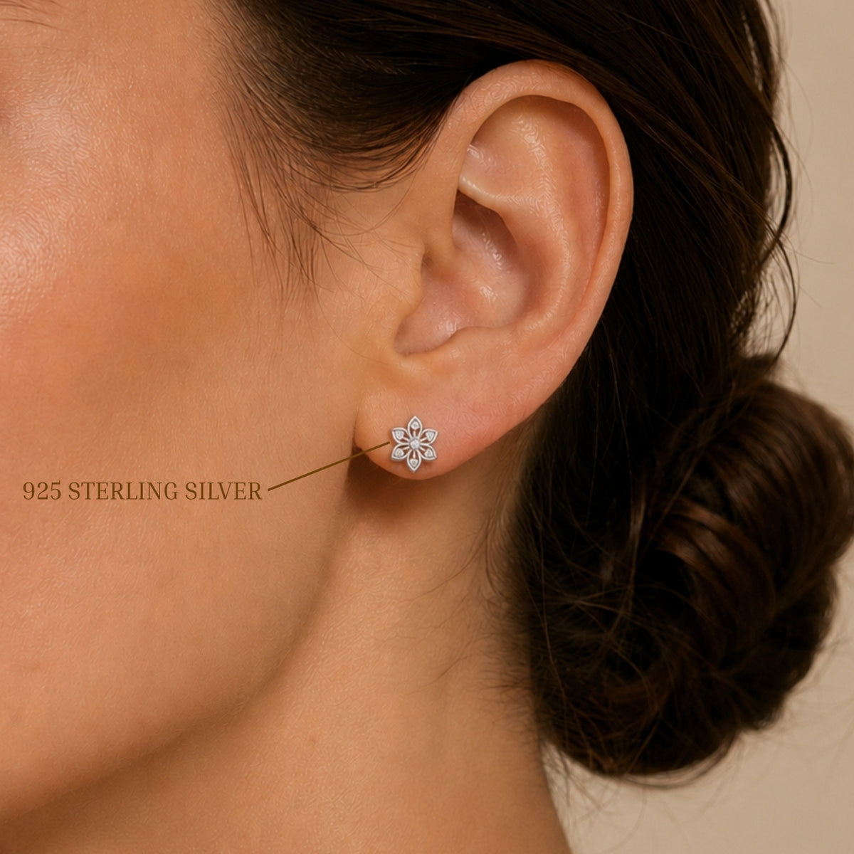 Six Petal Diamond Floral Rhodium Plated 925 Sterling Silver Stud