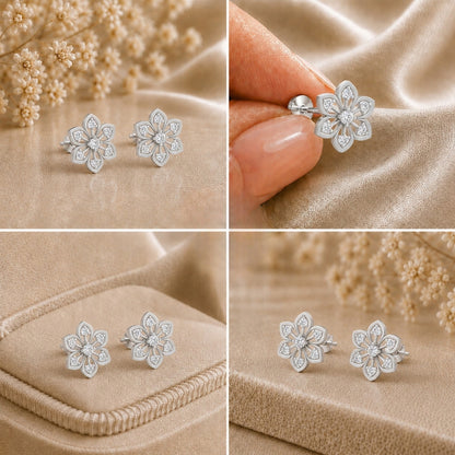 Six Petal Diamond Floral Rhodium Plated 925 Sterling Silver Stud