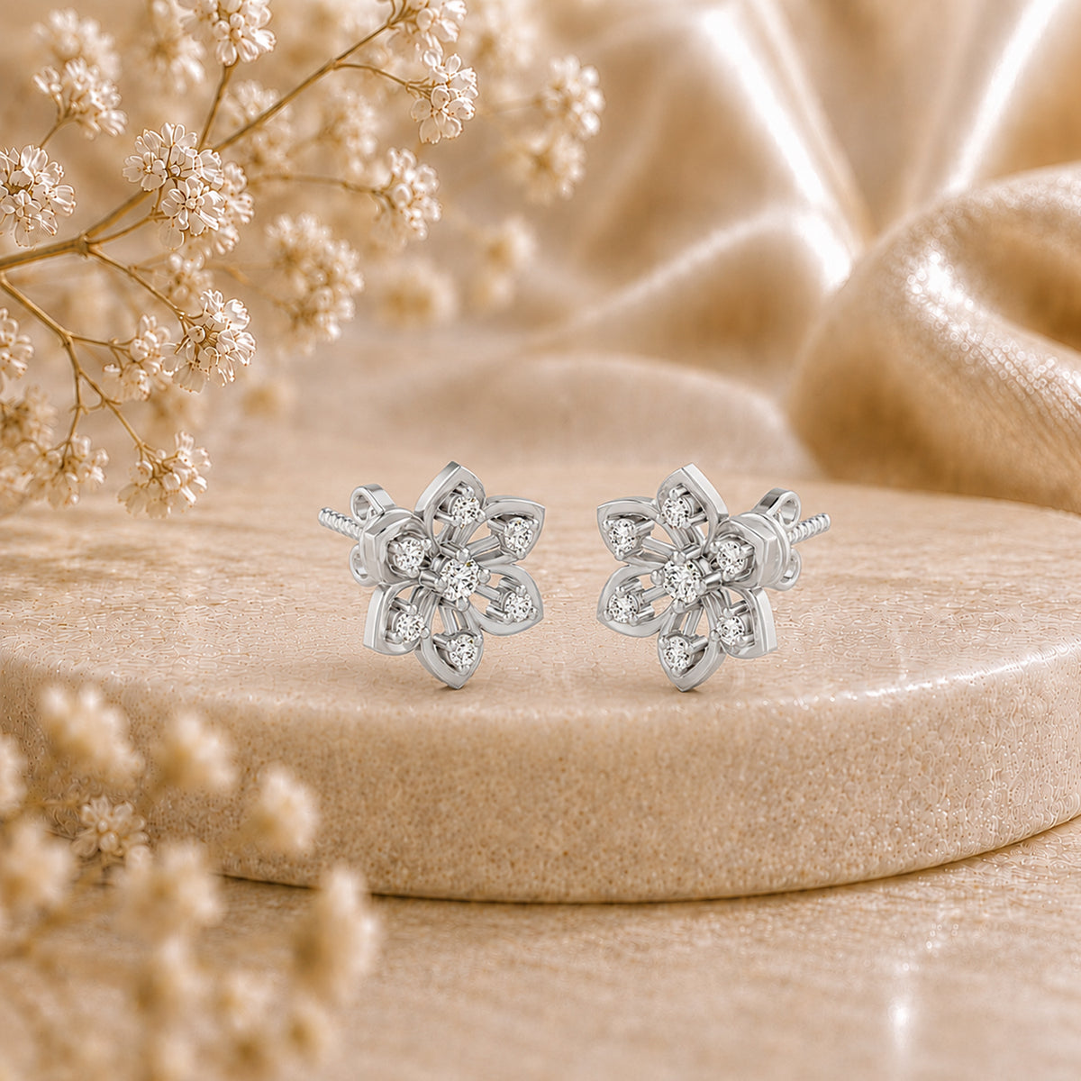 Six Petal Diamond Floral Rhodium Plated 925 Sterling Silver Stud