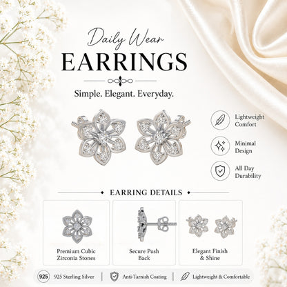 Six Petal Diamond Floral Rhodium Plated 925 Sterling Silver Stud