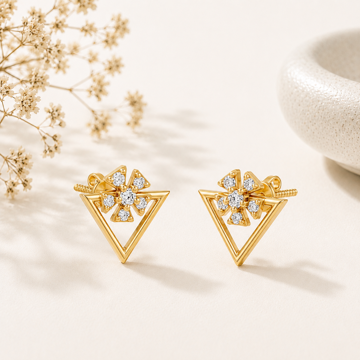 Floral Sparkle Geometric Gold Plated 925 Sterling silver Stud