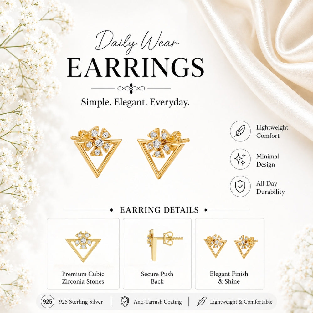 Floral Sparkle Geometric Gold Plated 925 Sterling silver Stud