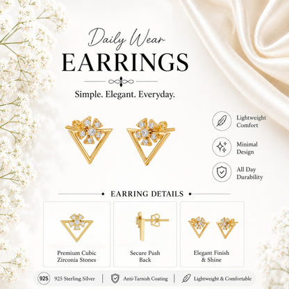 Floral Sparkle Geometric Gold Plated 925 Sterling silver Stud