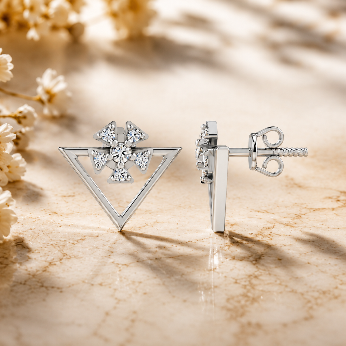 Floral Sparkle Geometric Rhodium Plated 925 Sterling silver Stud