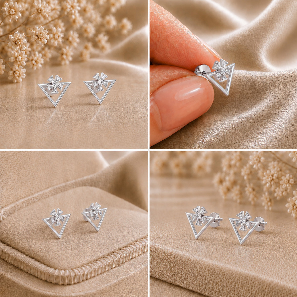 Floral Sparkle Geometric Rhodium Plated 925 Sterling silver Stud