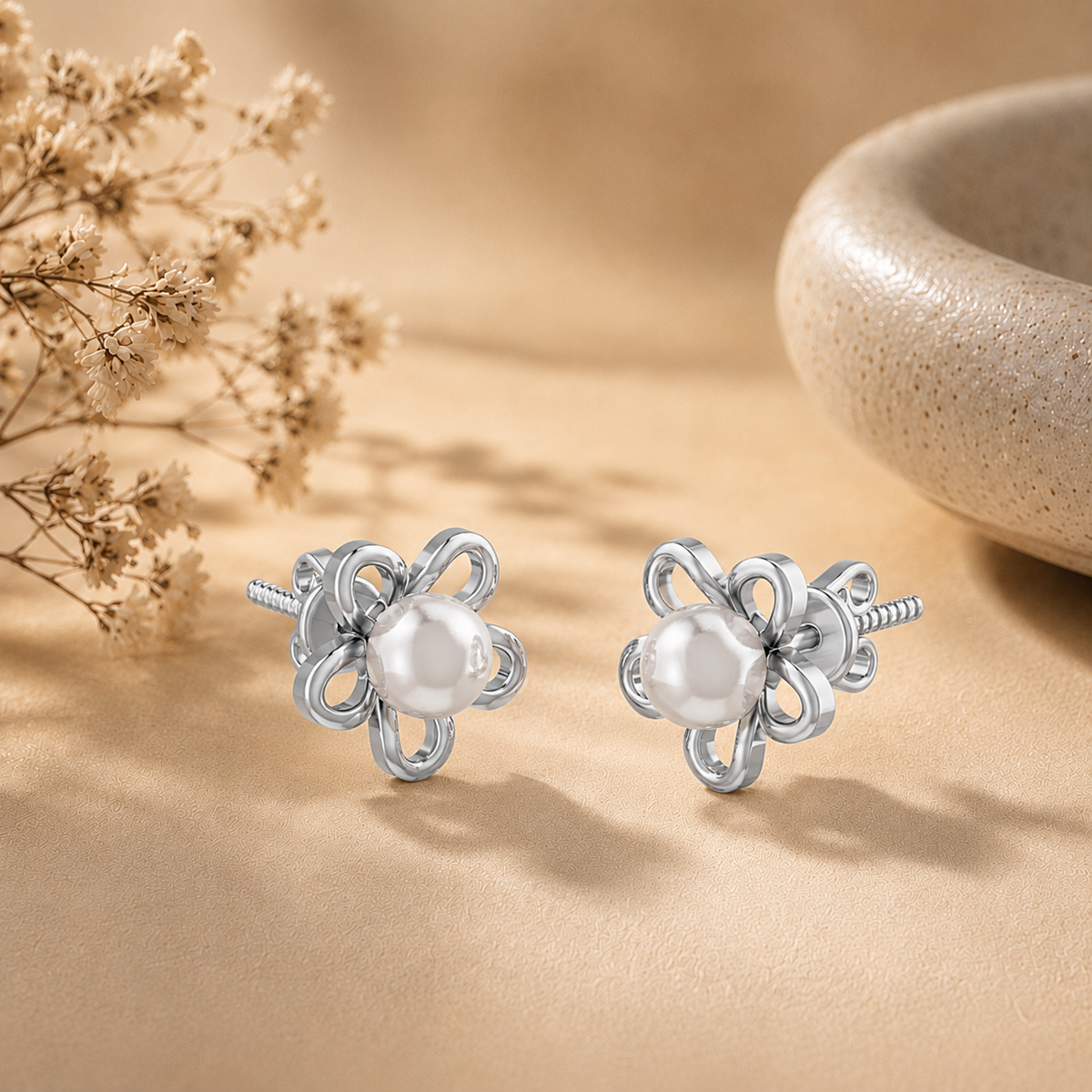 Pearl Bloom Floral Rhodium plated 925 Sterling Silver Stud