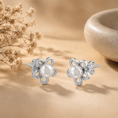 Pearl Bloom Floral Rhodium plated 925 Sterling Silver Stud