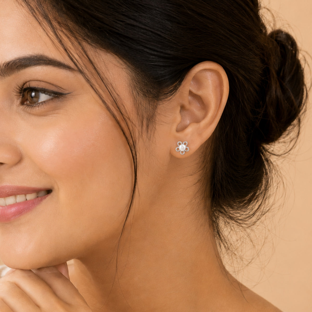 Pearl Bloom Floral Rhodium plated 925 Sterling Silver Stud