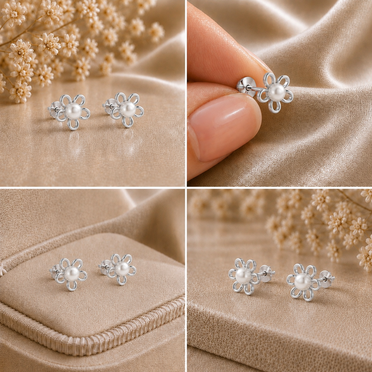 Pearl Bloom Floral Rhodium plated 925 Sterling Silver Stud