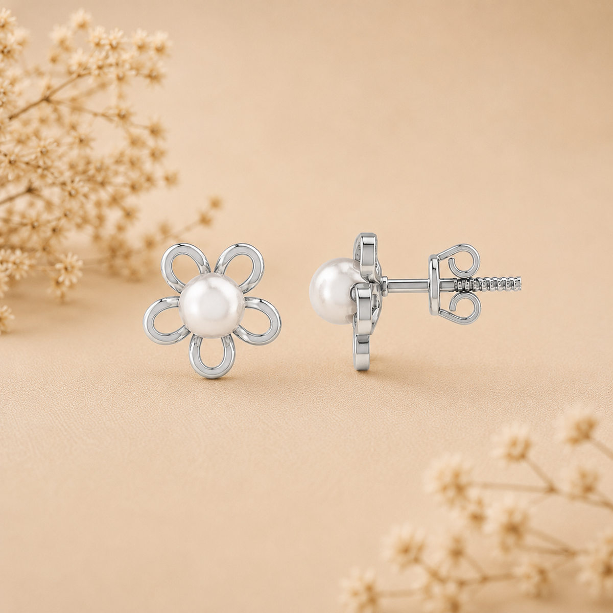 Pearl Bloom Floral Rhodium plated 925 Sterling Silver Stud