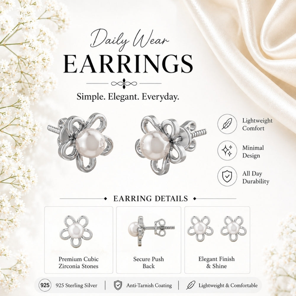 Pearl Bloom Floral Rhodium plated 925 Sterling Silver Stud