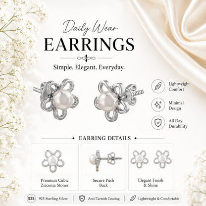 Pearl Bloom Floral Rhodium plated 925 Sterling Silver Stud