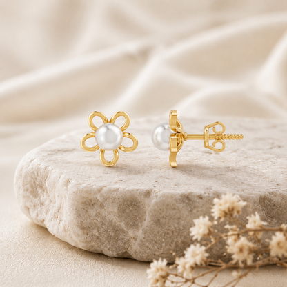 Pearl Bloom Floral Gold plated 925 Sterling Silver Stud
