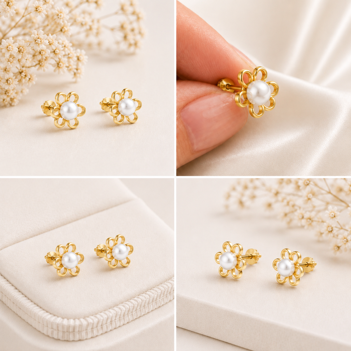 Pearl Bloom Floral Gold plated 925 Sterling Silver Stud