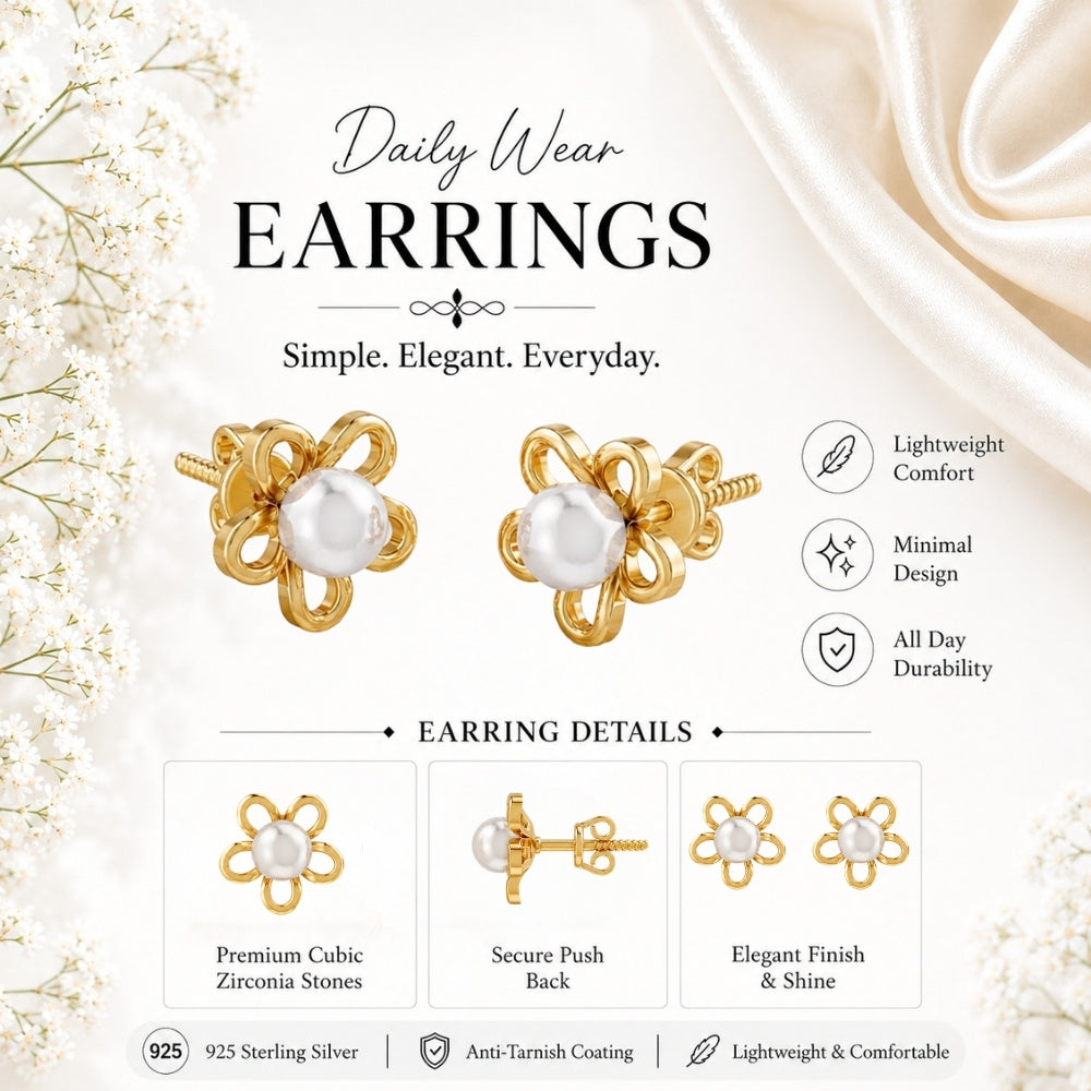 Pearl Bloom Floral Gold plated 925 Sterling Silver Stud
