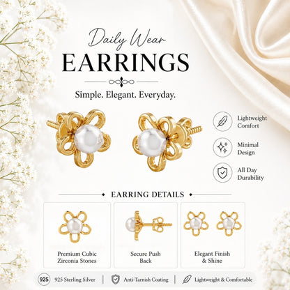 Pearl Bloom Floral Gold plated 925 Sterling Silver Stud