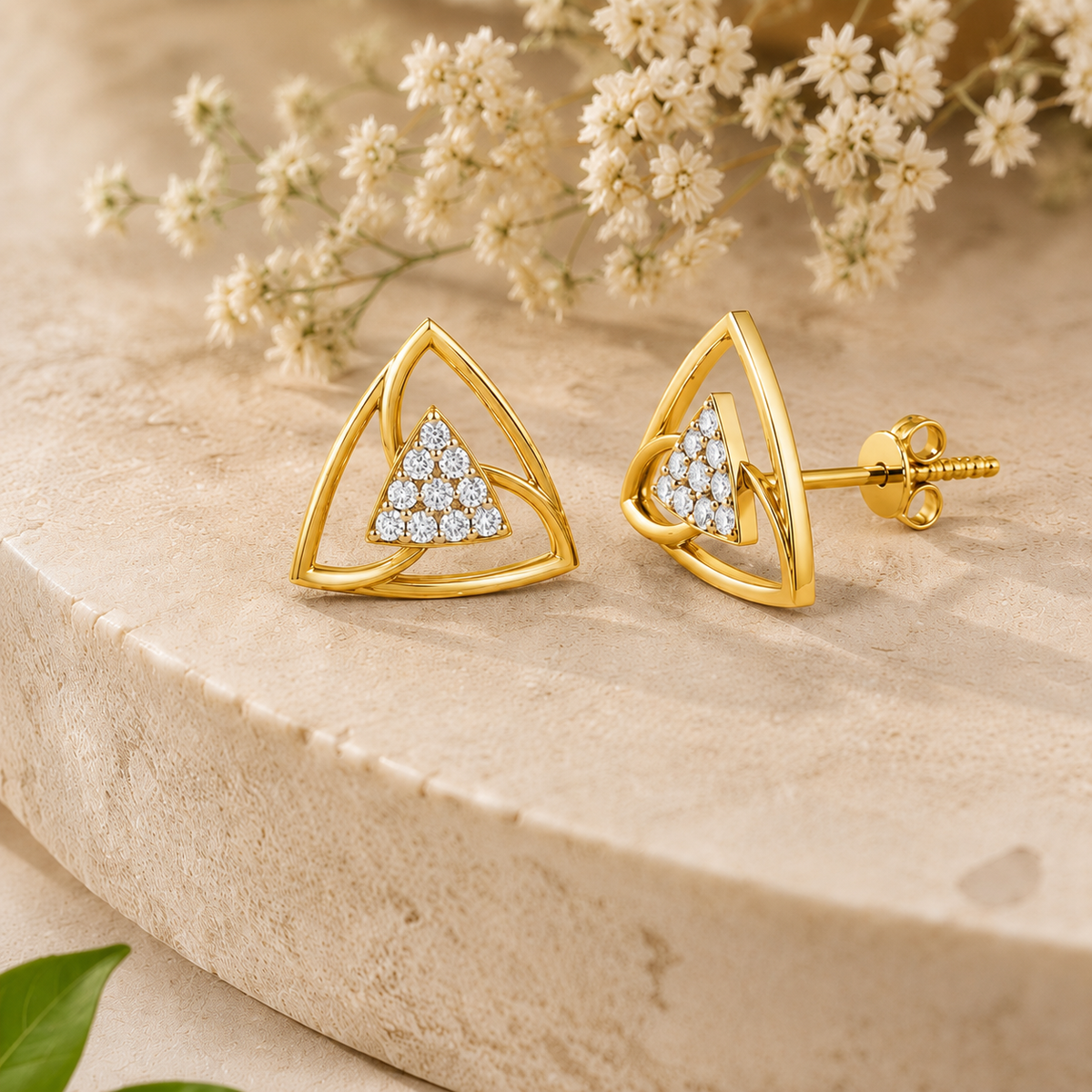 Trinity Triangle Diamond Gold plated 925 Sterling Silver Stud
