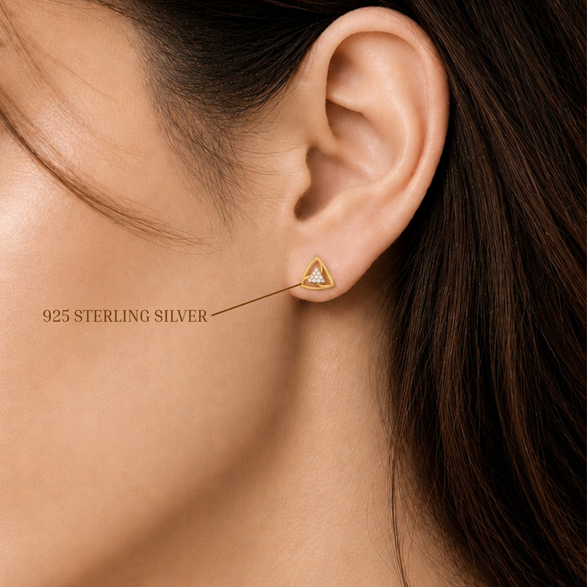 Trinity Triangle Diamond Gold plated 925 Sterling Silver Stud