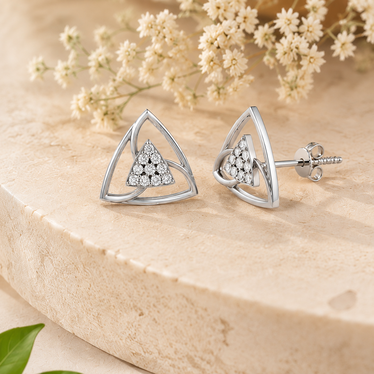 Trinity Triangle Diamond Rhodium plated 925 Sterling Silver Stud