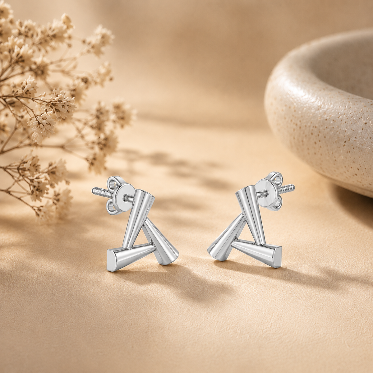 Sculpted Triangle Geometric Rhodium Plated 925 Sterling Silver Stud