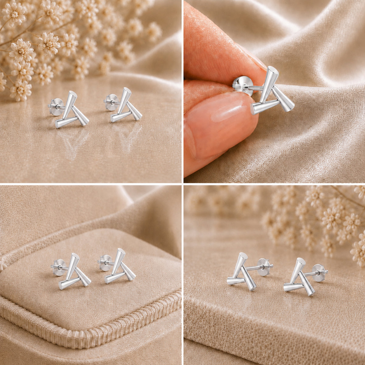 Sculpted Triangle Geometric Rhodium Plated 925 Sterling Silver Stud